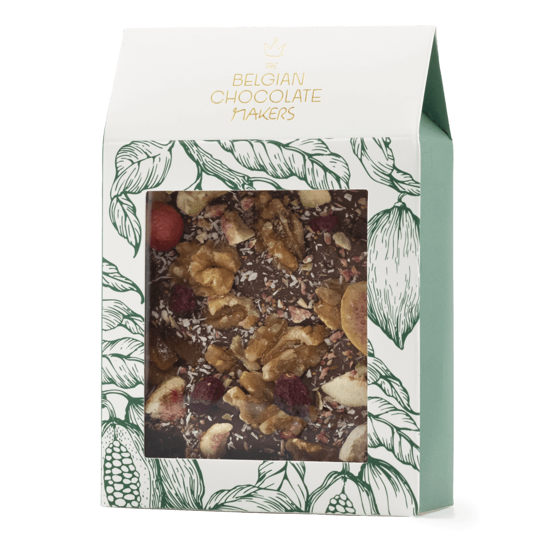 Milk chocolate broken bars with fig, lemon, cranberry, walnut, coconut 5407008479558 The Belgian Chocolate Makers