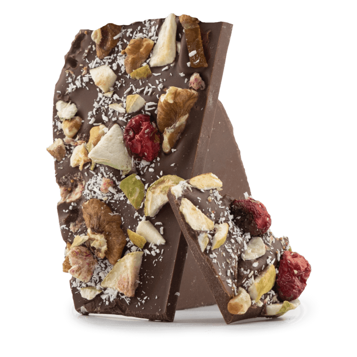 Milk chocolate broken bars with fig, lemon, cranberry, walnut, coconut 5407008479558 The Belgian Chocolate Makers