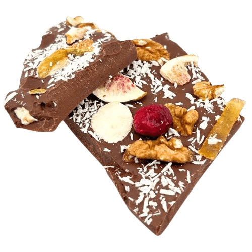 Milk chocolate broken bars with fig, lemon, cranberry, walnut, coconut 5407008479558 The Belgian Chocolate Makers
