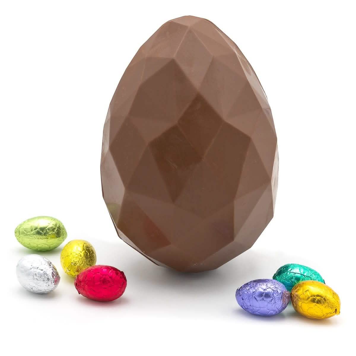 Milk chocolate diamond easter egg with bunny and 6 small eggs inside 5407008471620 The Belgian Chocolate Makers