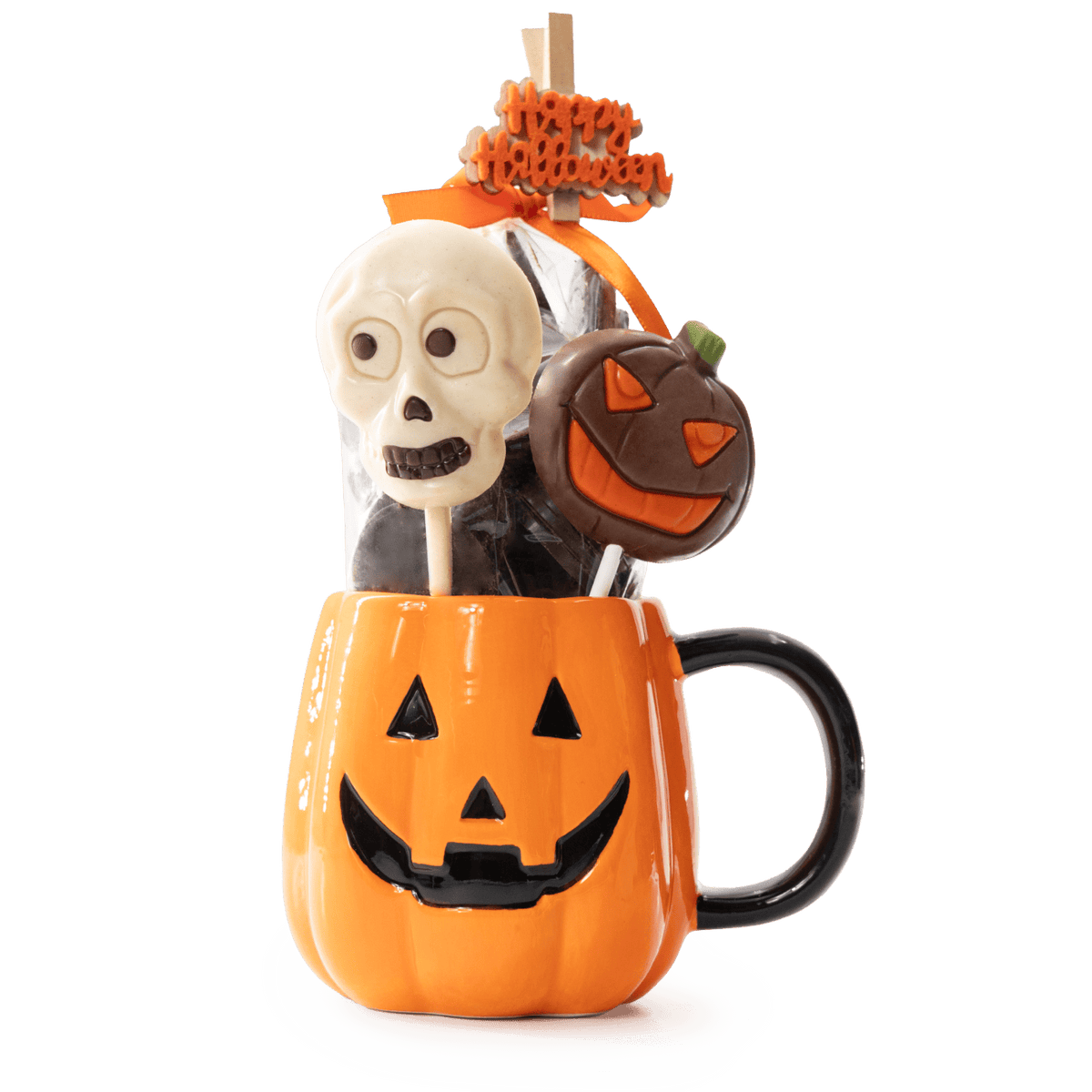 Milk chocolate drops in cup pumpkin with lollipops 5407008474263 The Belgian Chocolate Makers