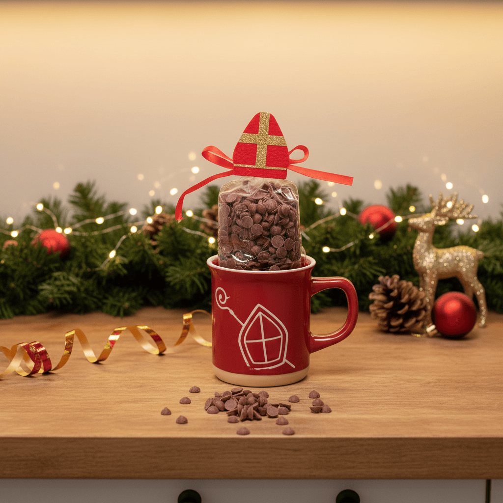 Milk chocolate drops in Saint Nicholas mug 200g 5407008477752 The Belgian Chocolate Makers