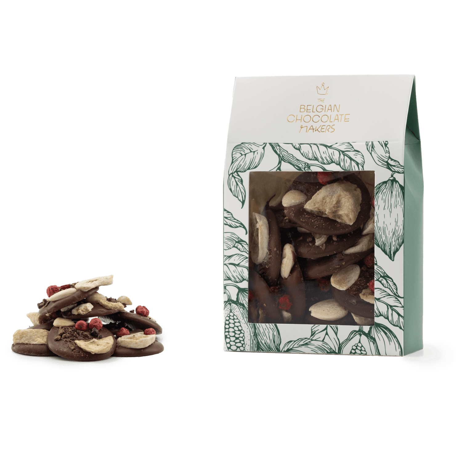 Milk chocolate mendiants with banana, almond, red currants and cacao nibs chunks 5407008470302 The Belgian Chocolate Makers