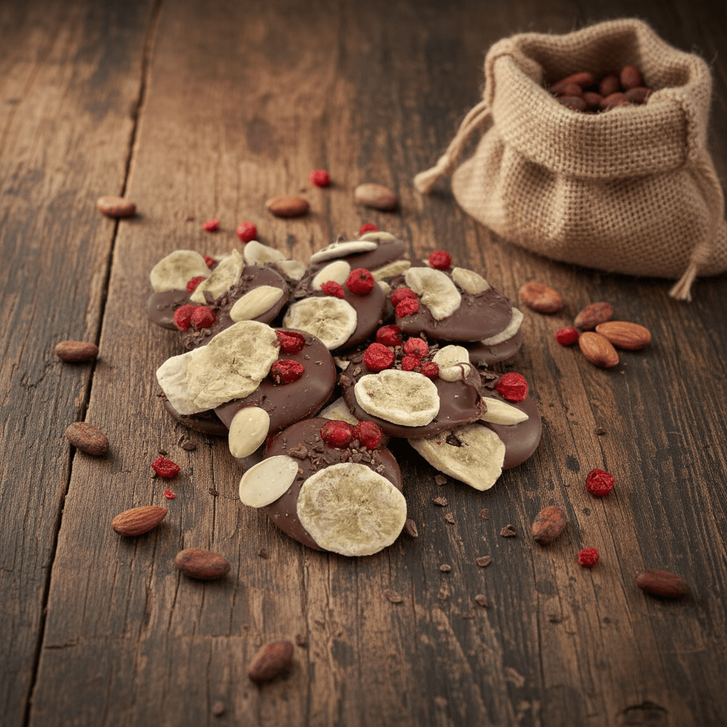 Milk chocolate mendiants with banana, almond, red currants and cacao nibs chunks 5407008470302 The Belgian Chocolate Makers