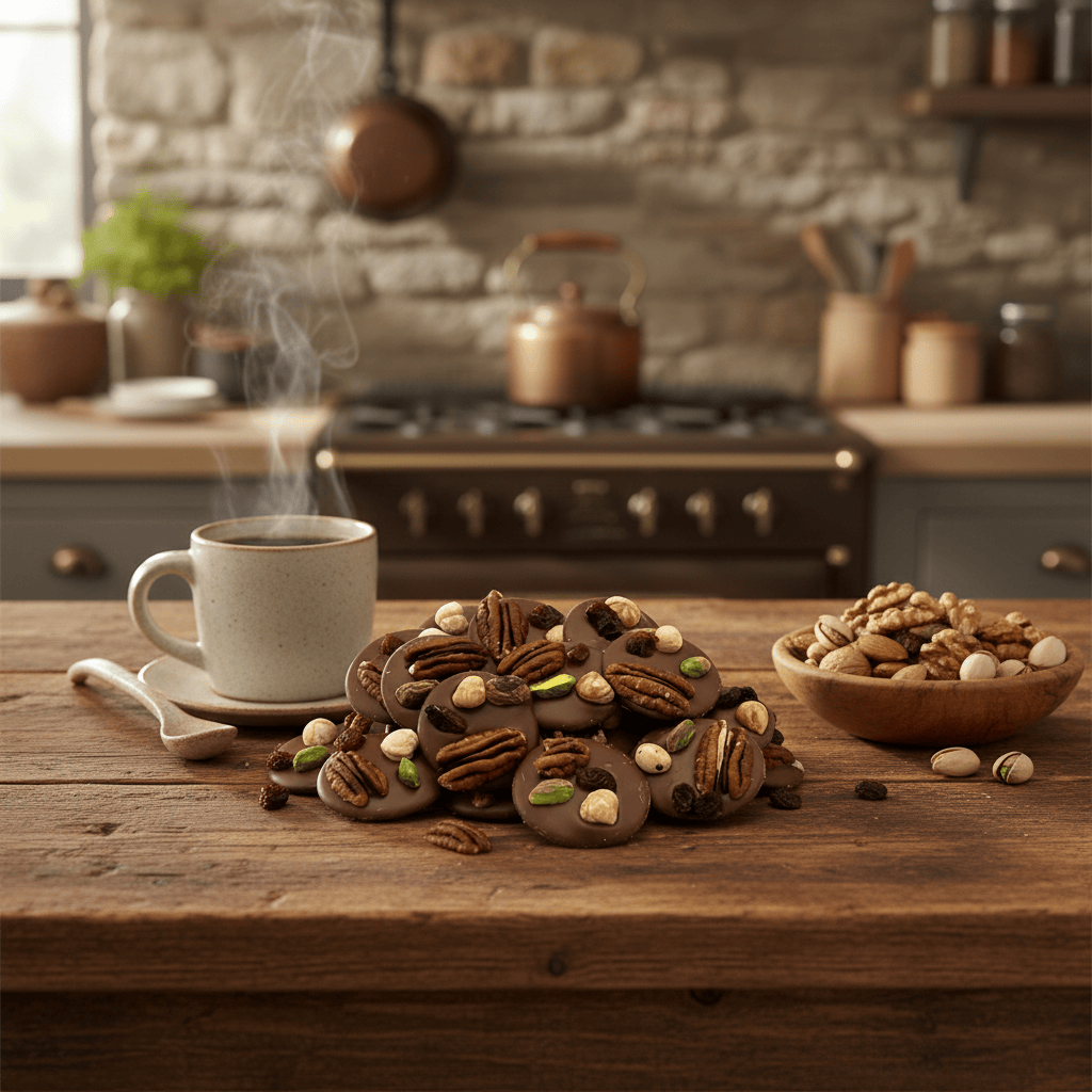 Milk chocolate mendiants with pecan, pistachio, raisin and hazelnut chunks 5407008470319 The Belgian Chocolate Makers