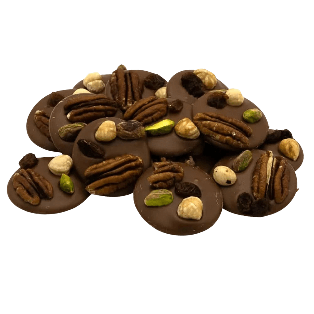 Milk chocolate mendiants with pecan, pistachio, raisin and hazelnut chunks 5407008470319 The Belgian Chocolate Makers