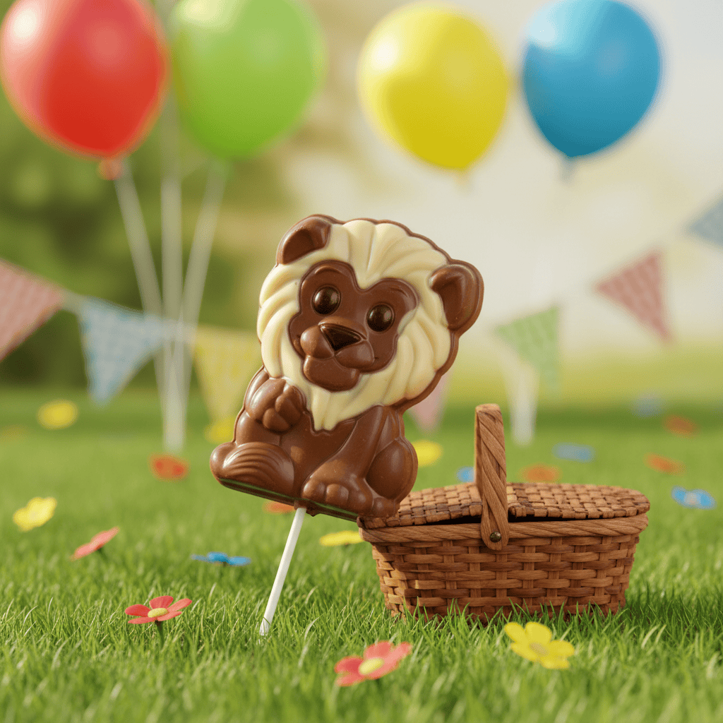 Milk chocolate white mane lion lollipop 25g 5407008477479 The Belgian Chocolate Makers