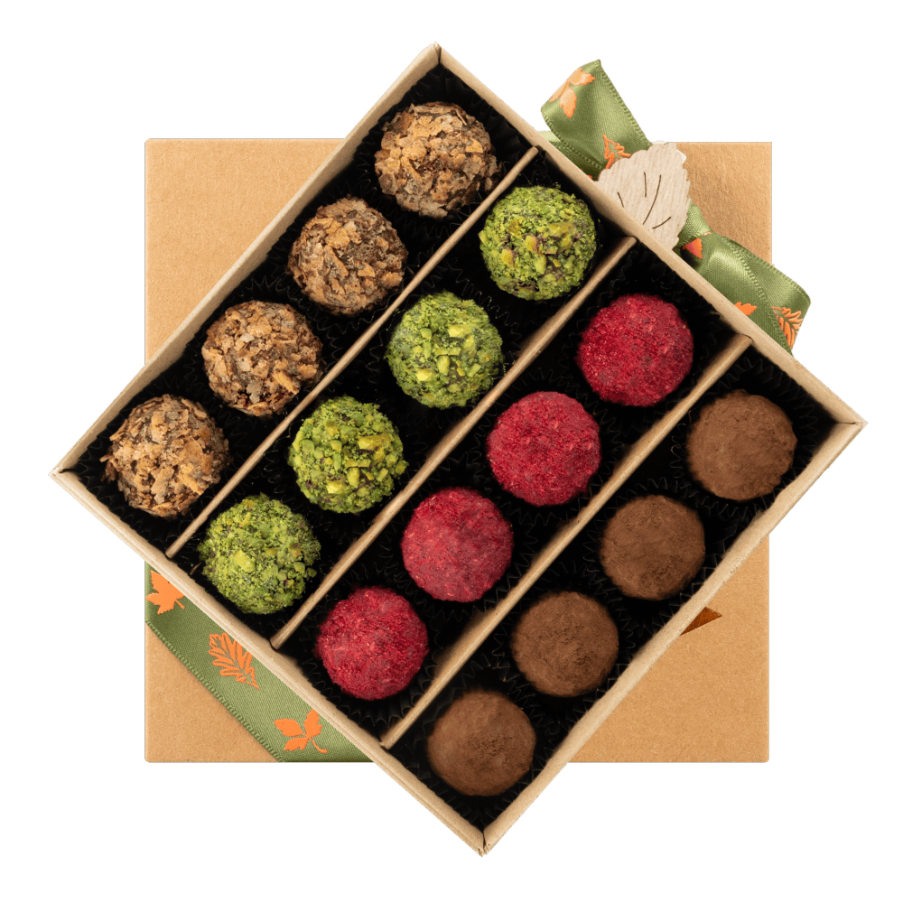 Mix of autumn Belgian truffles in a brown gift box 5407008474324 The Belgian Chocolate Makers