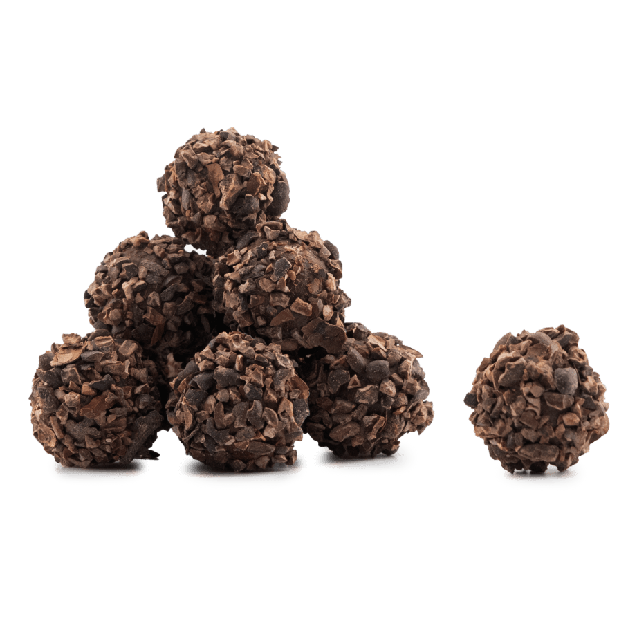 Pouch of Belgian truffles with cacao nibs coating 5407008471033 The Belgian Chocolate Makers