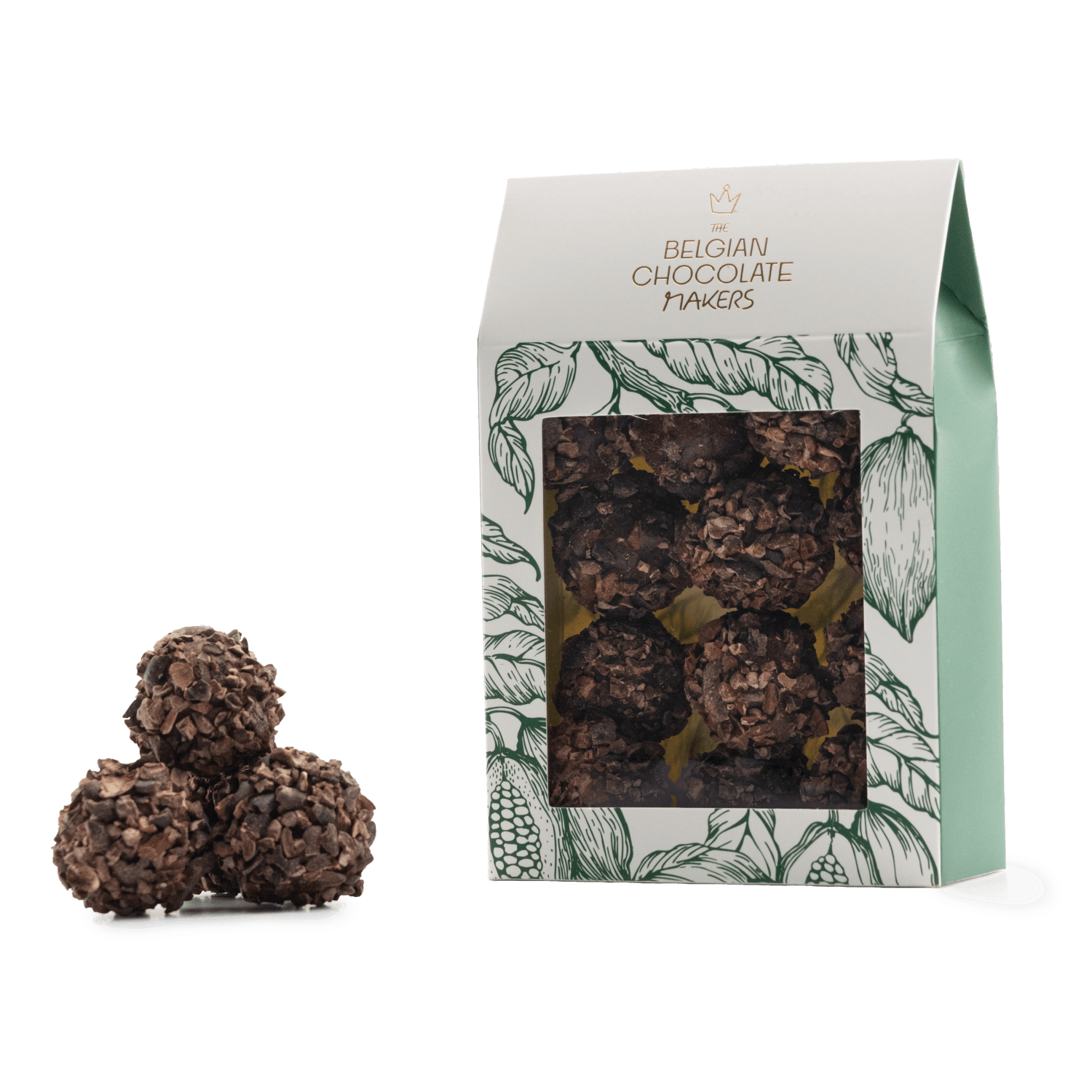 Pouch of Belgian truffles with cacao nibs coating 5407008471033 The Belgian Chocolate Makers
