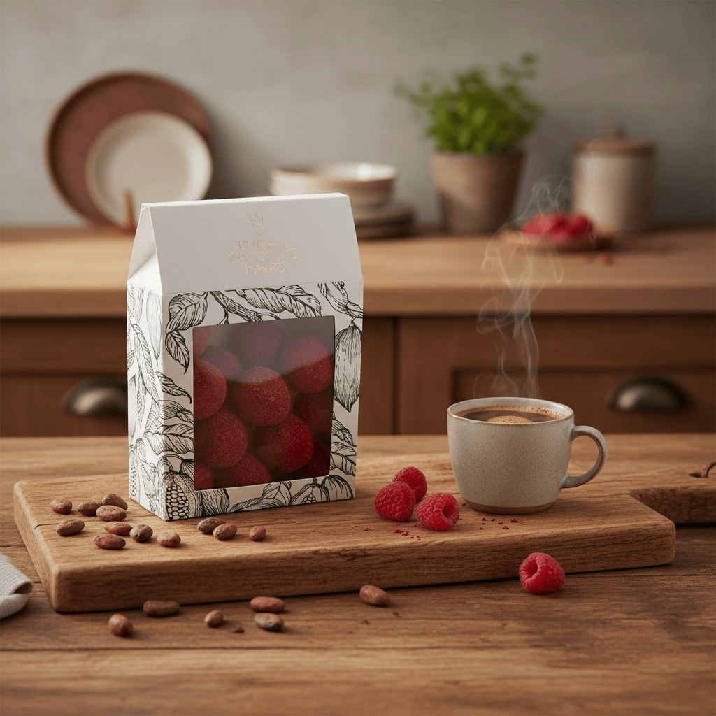 Pouch of Belgian truffles with raspberry coating 160g 5407008471071 The Belgian Chocolate Makers