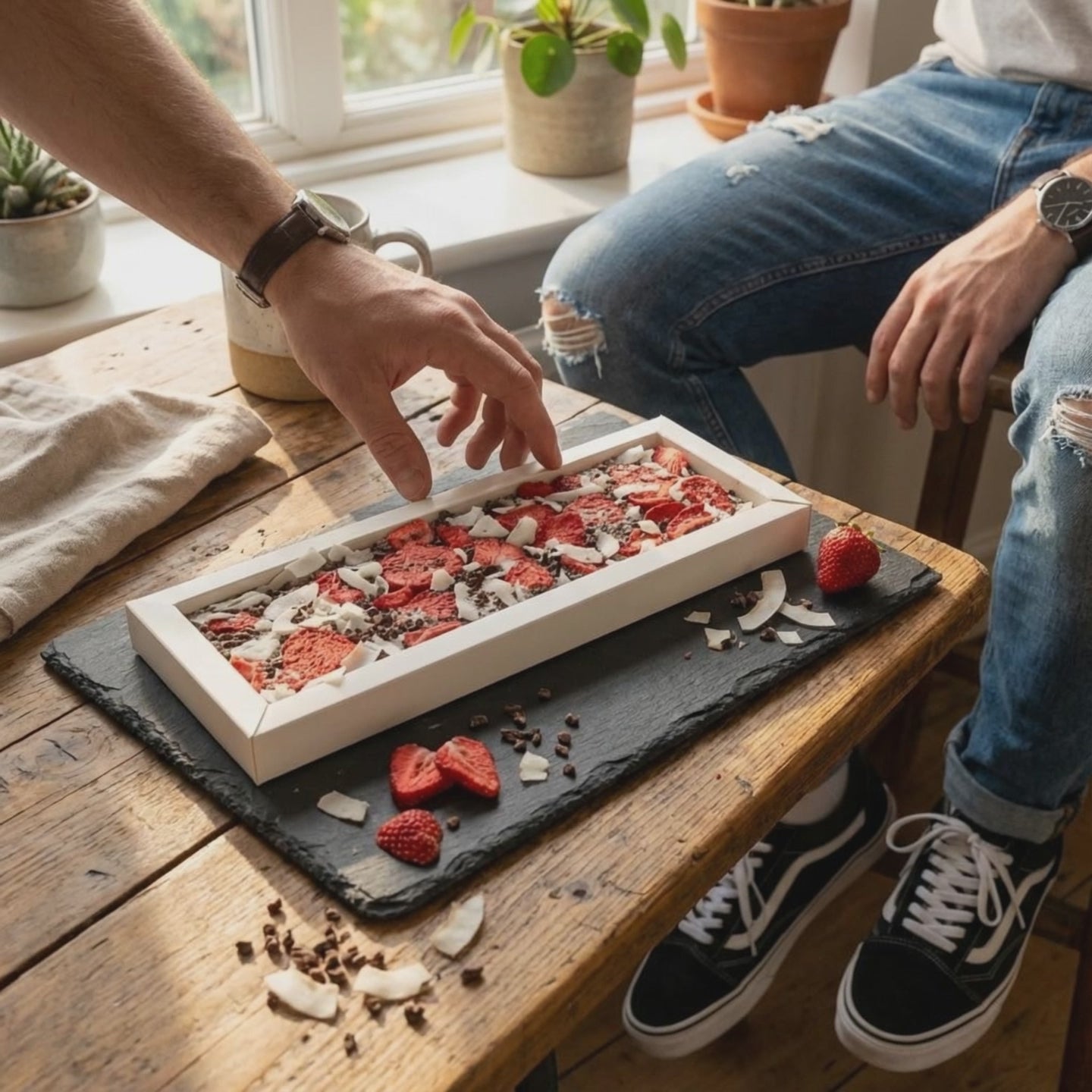 Fantasy milk chocolate bar 550 grs with cacao nibs, strawberry and coconut chunks