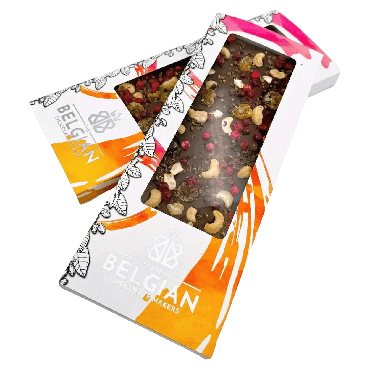 Tavoletta di cioccolato fondente Fantasy da 550 g con cacao, anacardi, kumquat e ribes rosso a pezzetti