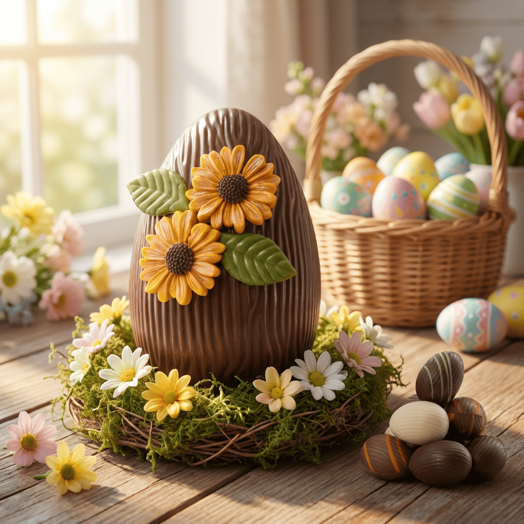 Sunflower Easter egg milk chocolate 380g with mini eggs inside 5407008475604 The Belgian Chocolate Makers