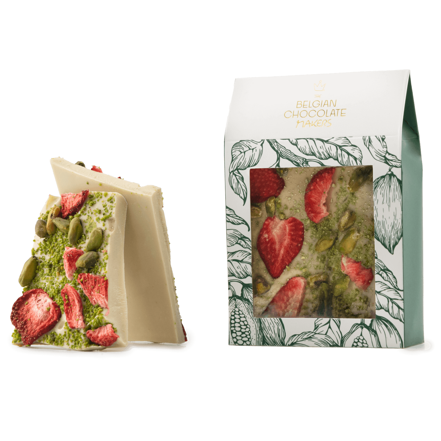 White chocolate broken bars with strawberries and pistachios 5407008479152 The Belgian Chocolate Makers