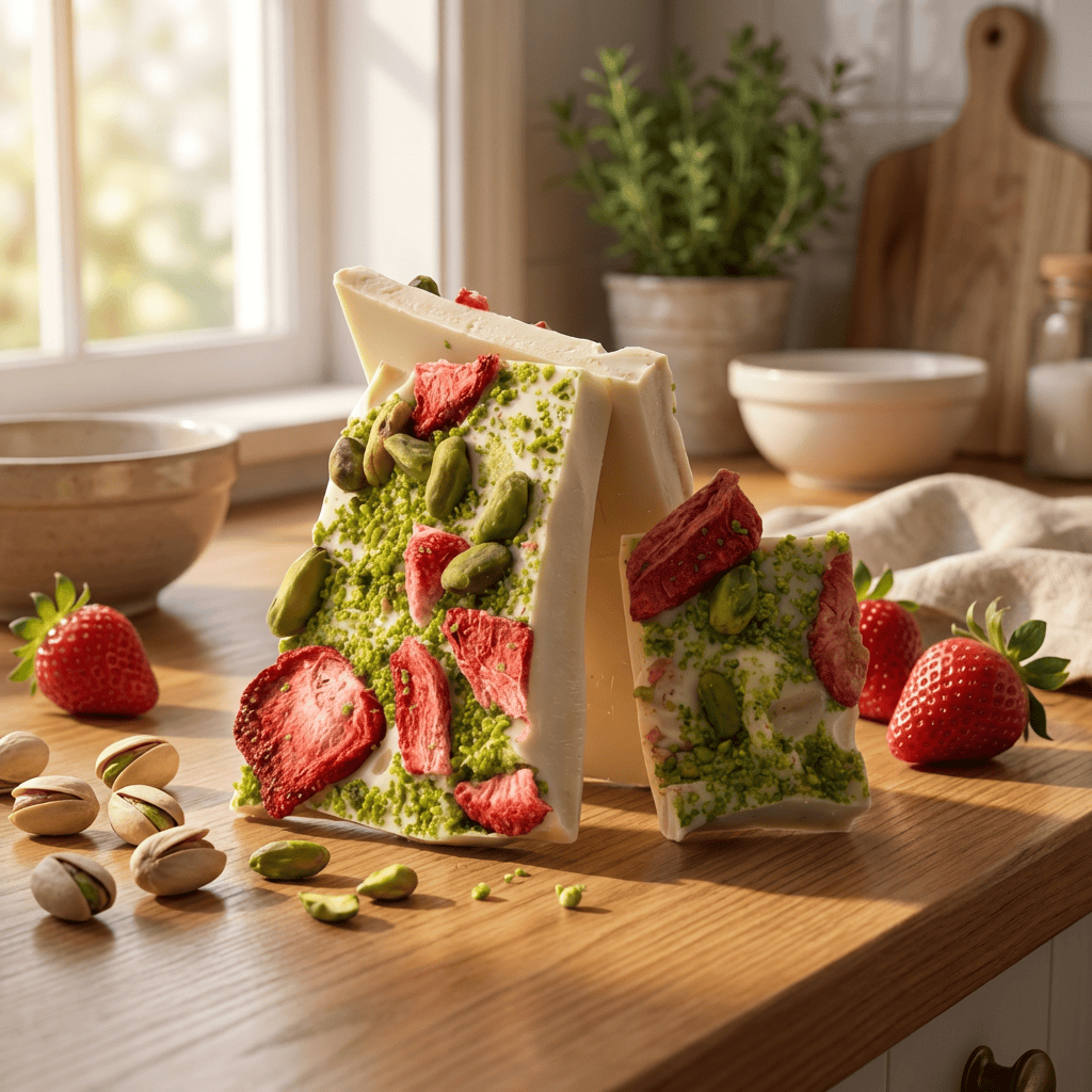 White chocolate broken bars with strawberries and pistachios 5407008479152 The Belgian Chocolate Makers