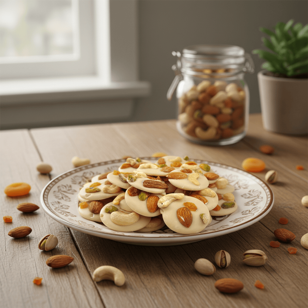 White chocolate mendiants with pistachio, almond, raisin and cashew chunks - The Belgian Chocolate Makers