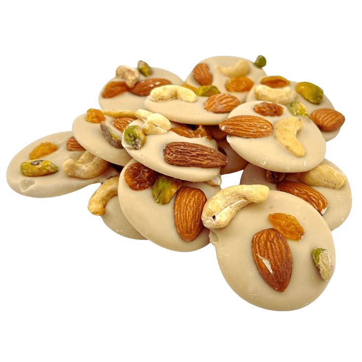 White chocolate mendiants with pistachio, almond, raisin and cashew chunks 5407008470357 The Belgian Chocolate Makers