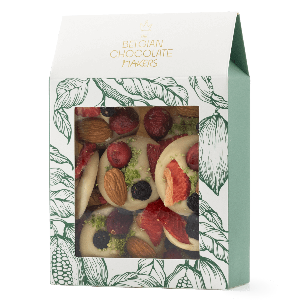 White chocolate mendiants with pistachio, almond, strawberry and blackcurrant chunks 5407008474454 The Belgian Chocolate Makers