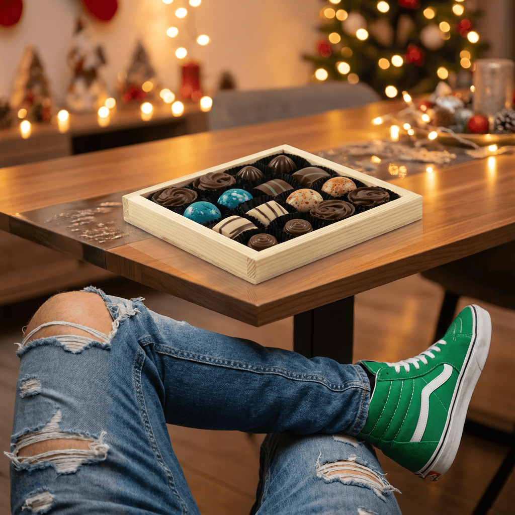 Wooden gift box with 16 pralines 5407008476830 The Belgian Chocolate Makers