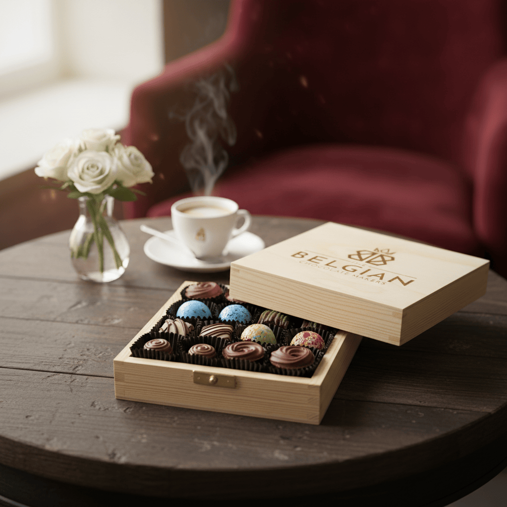 Wooden gift box with 16 pralines 5407008476830 The Belgian Chocolate Makers