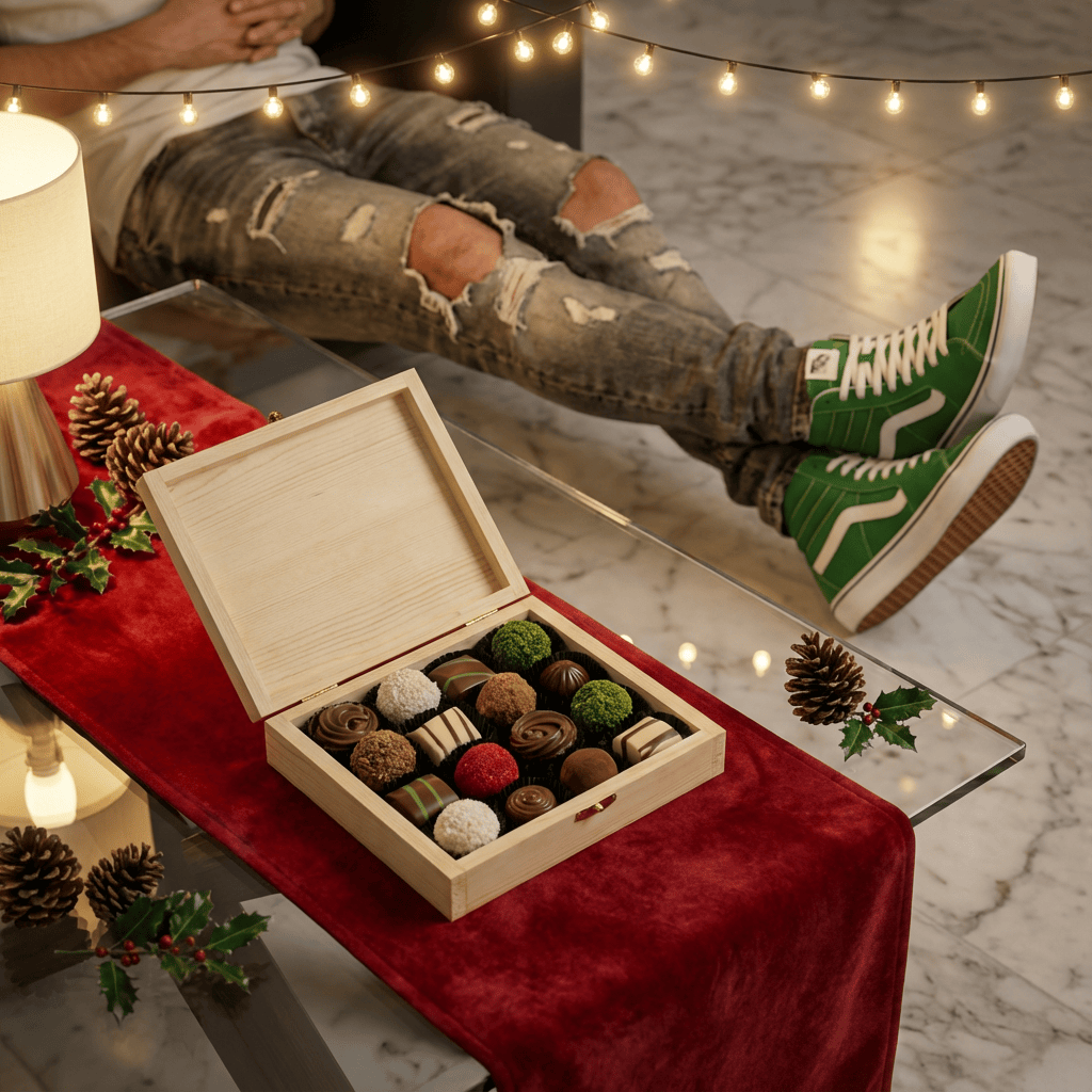 Wooden gift box with 16 pralines and truffles 5407008470586 The Belgian Chocolate Makers