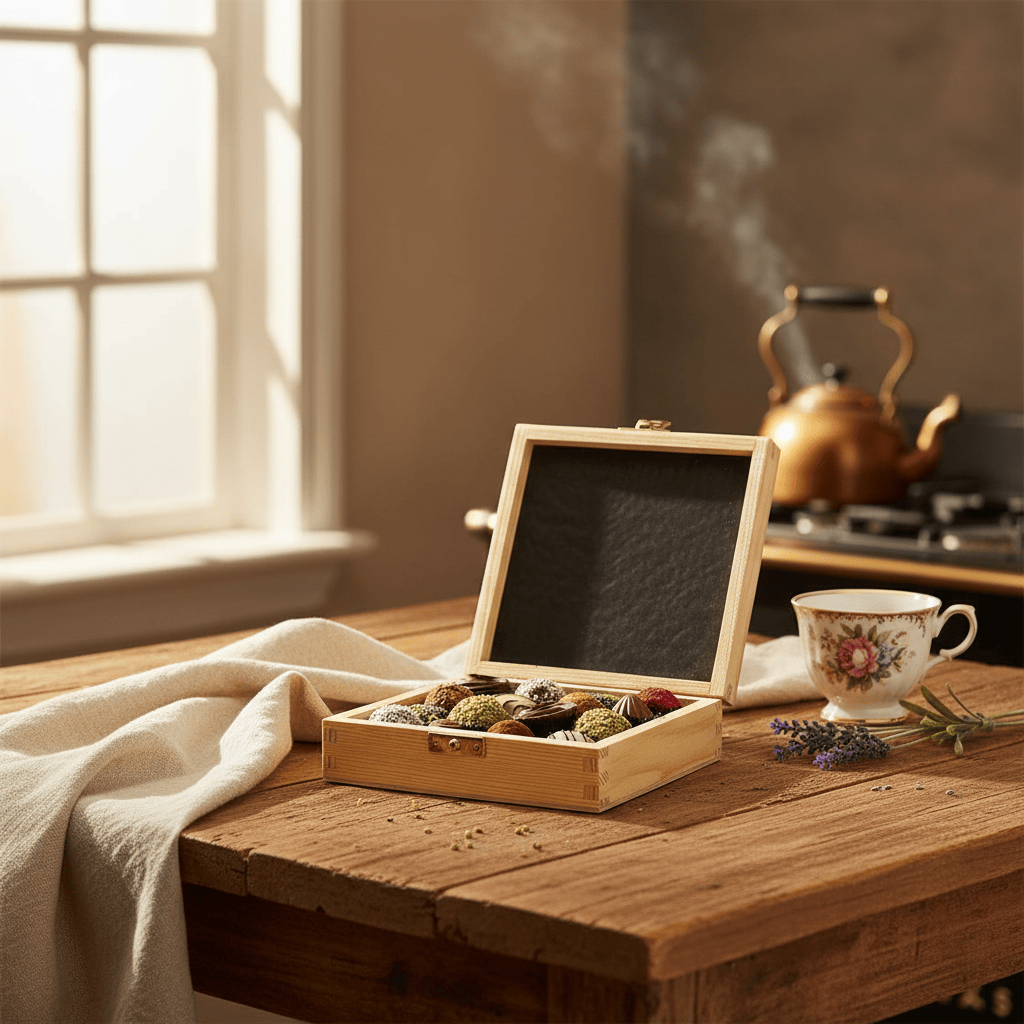 Wooden gift box with 16 pralines and truffles 5407008470586 The Belgian Chocolate Makers