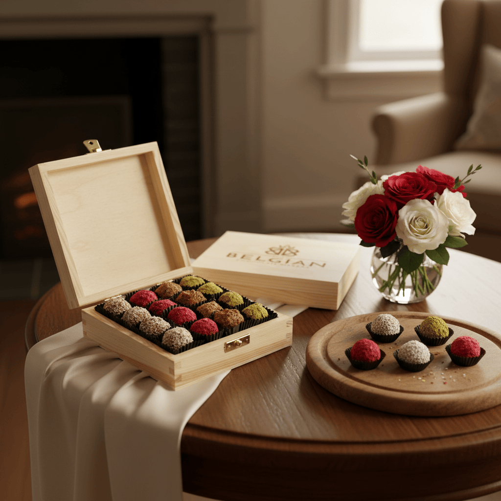 Wooden gift box with 16 truffles 5407008476847 The Belgian Chocolate Makers