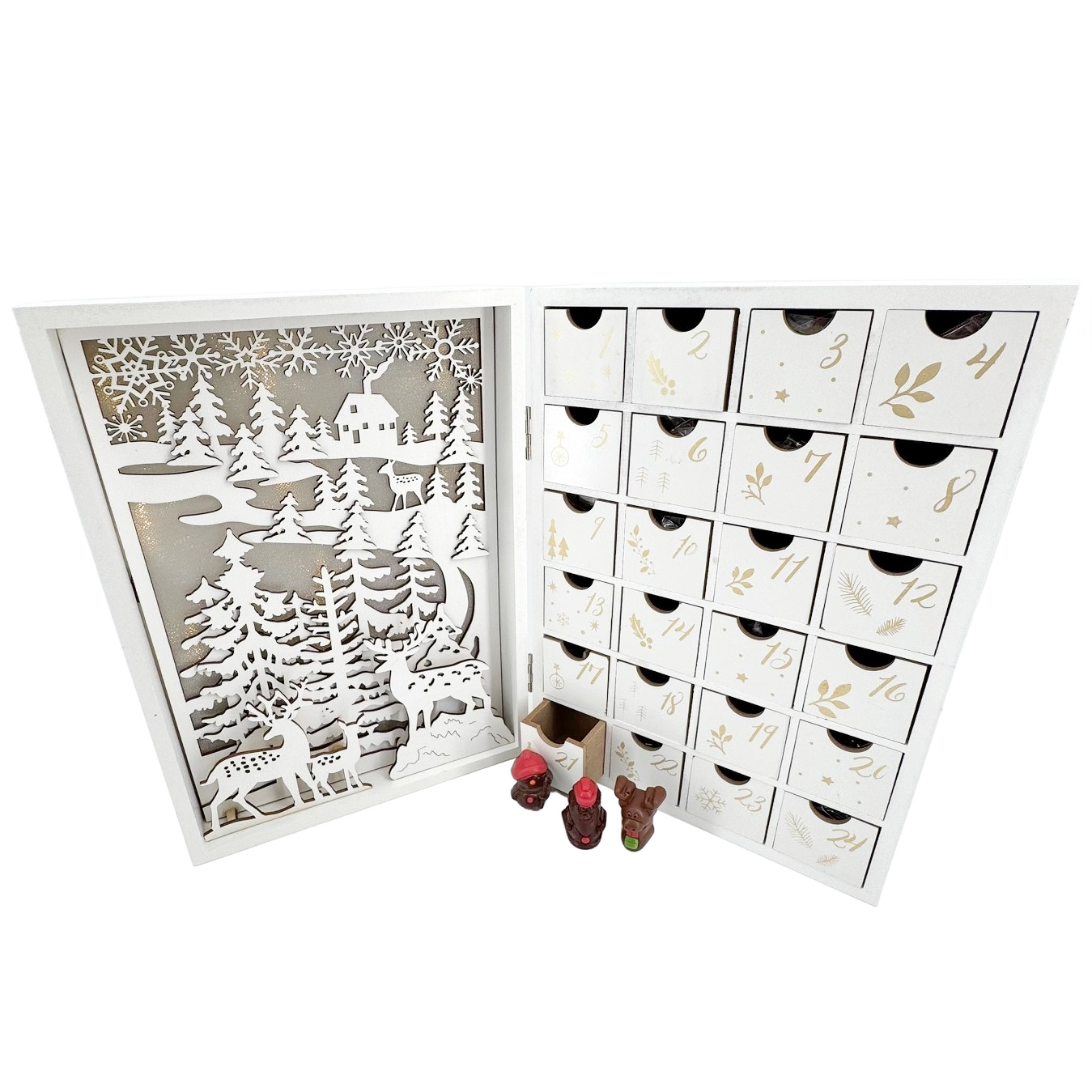 Wooden lighted advent calendar book 24 figurines