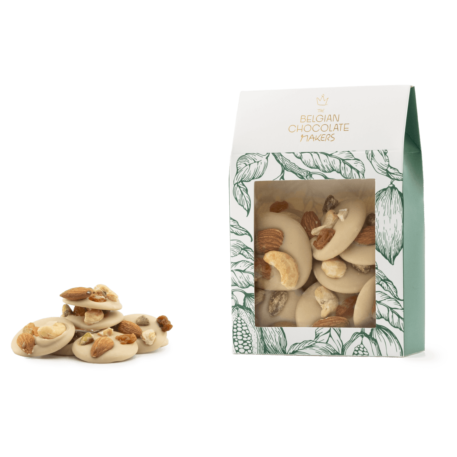 Witte chocolade mendiants met stukjes pistache, amandel, rozijnen en cashewnoten