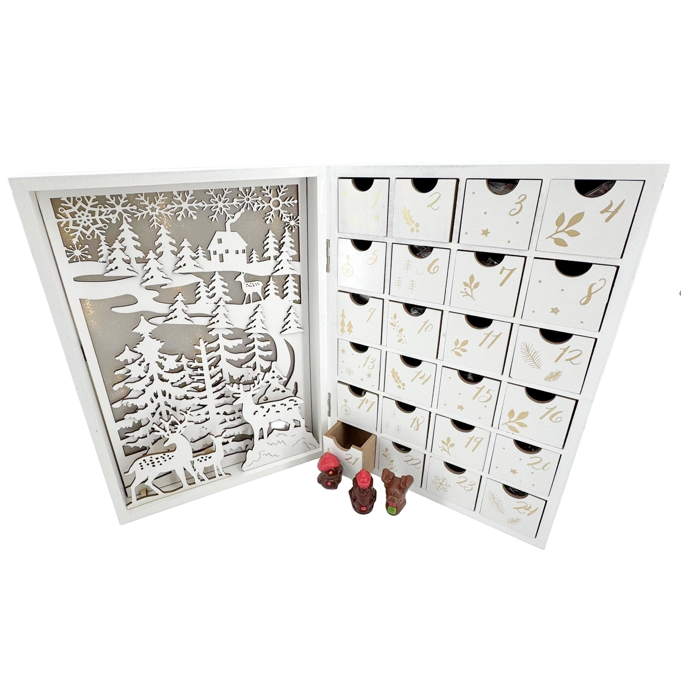 Wooden lighted advent calendar book 24 figurines