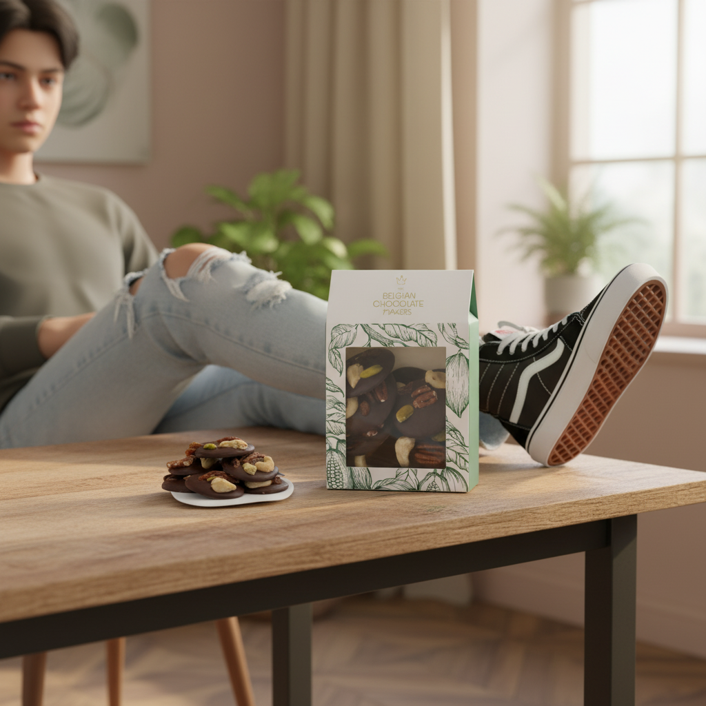 Dark chocolate mendiants with cashew, pistachio, raisin and pecan chunks