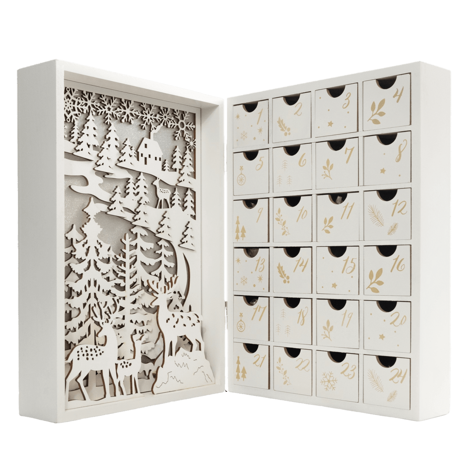 Houten verlichte adventskalender boek 24 figuurtjes