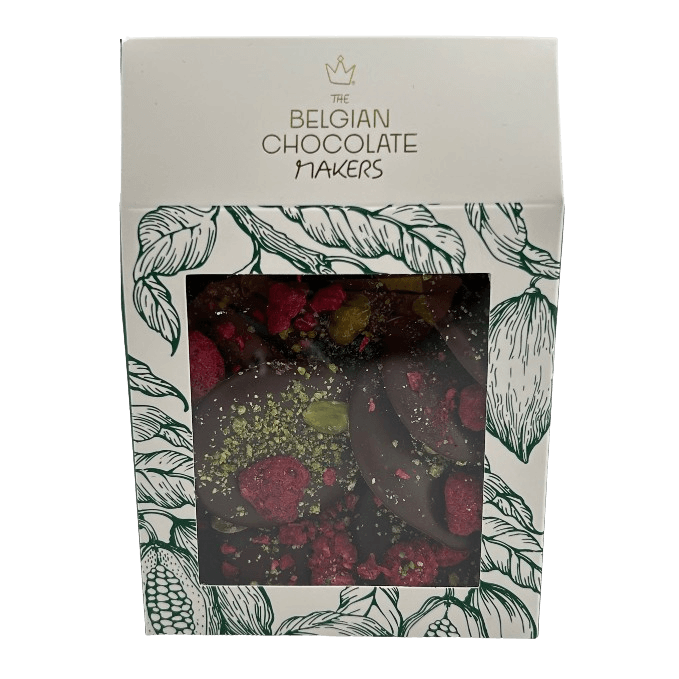 Mendiants aus Zartbitterschokolade mit Himbeer- und Pistazienstückchen