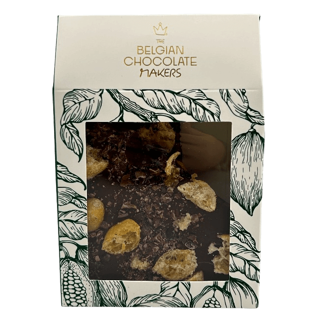 Riegel aus Zartbitterschokolade mit Kumquat und Kakaonibs