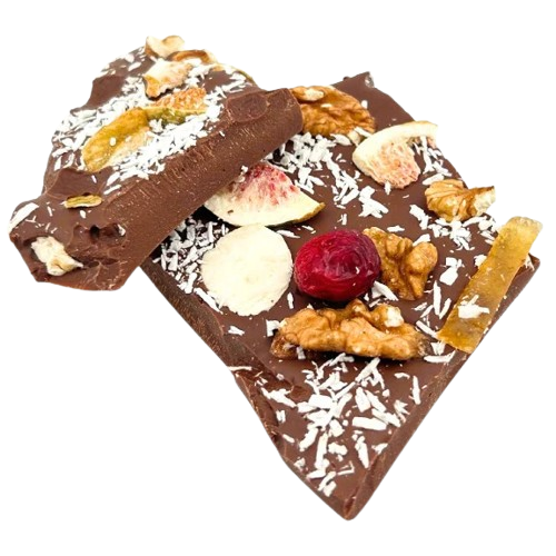 Riegel aus Vollmilchschokolade mit Feige, Zitrone, Cranberry, Walnuss und Kokosnuss