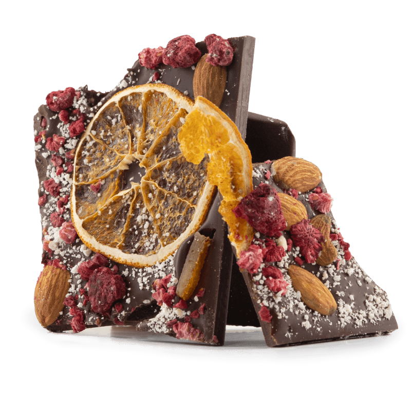 Dark chocolate broken bars with raspberry, almond and orange 5407008479138 The Belgian Chocolate Makers