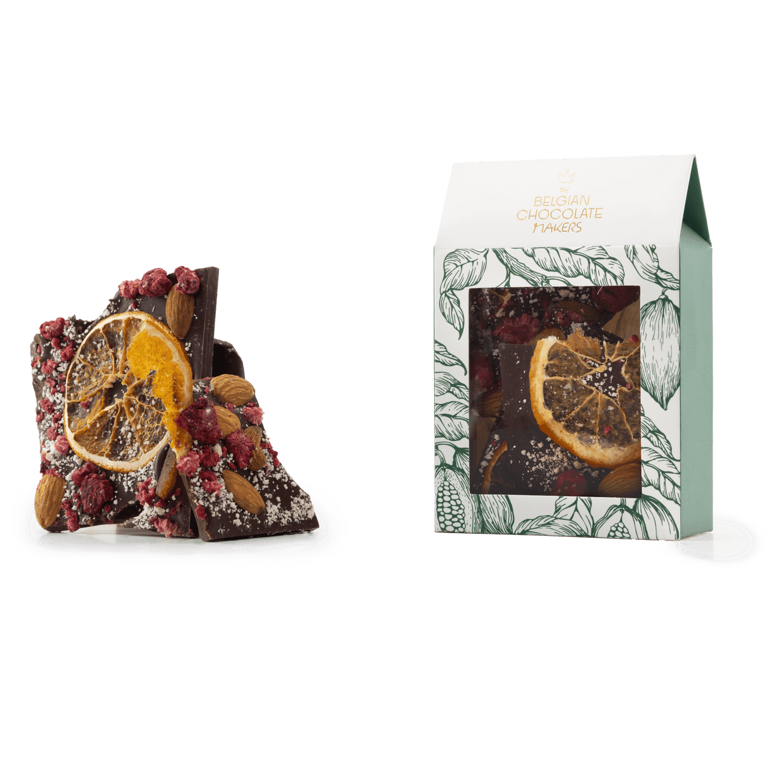 Dark chocolate broken bars with raspberry, almond and orange 5407008479138 The Belgian Chocolate Makers