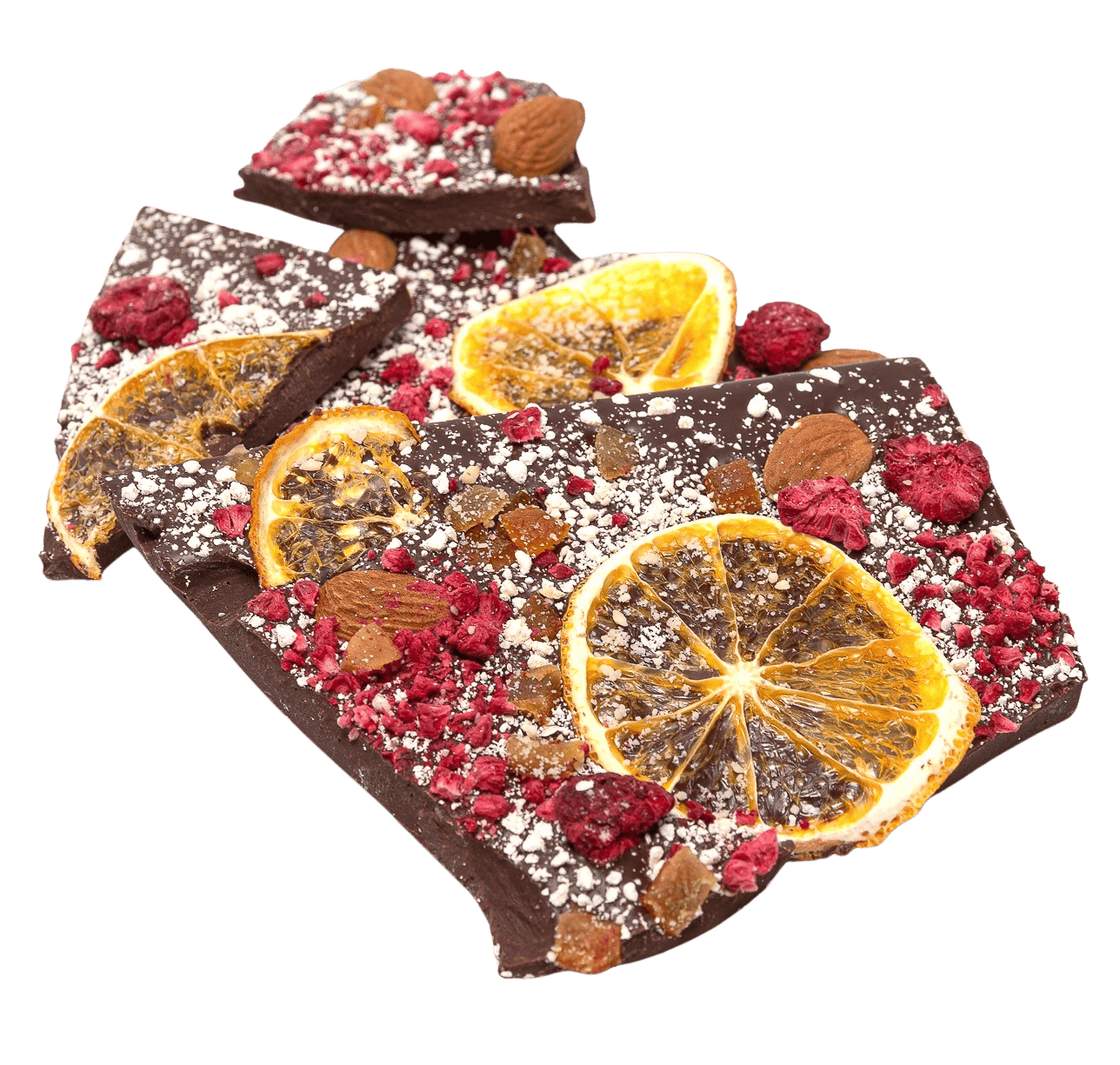 Dark chocolate broken bars with raspberry, almond and orange 5407008479138 The Belgian Chocolate Makers