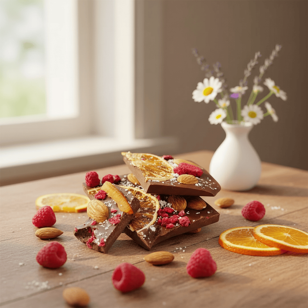 Dark chocolate broken bars with raspberry, almond and orange 5407008479138 The Belgian Chocolate Makers