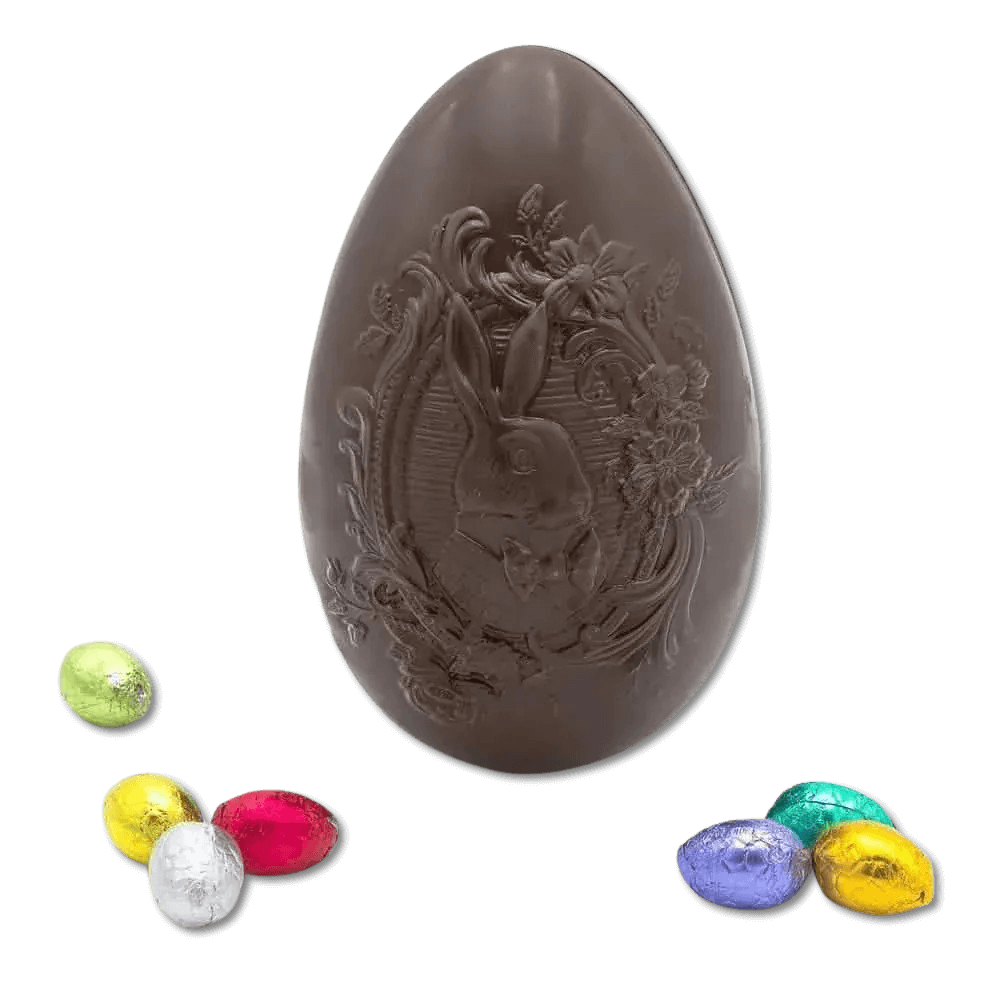 Dark chocolate bunny Easter egg 320g and mini eggs inside 5407008471576 The Belgian Chocolate Makers