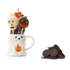 Dark chocolate drops in cup ghost with lollipops 5407008474270 The Belgian Chocolate Makers