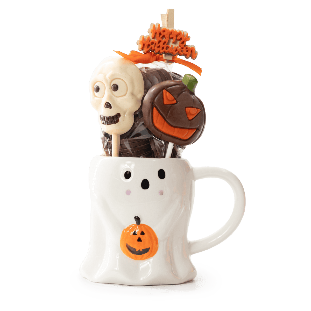 Dark chocolate drops in cup ghost with lollipops 5407008474270 The Belgian Chocolate Makers