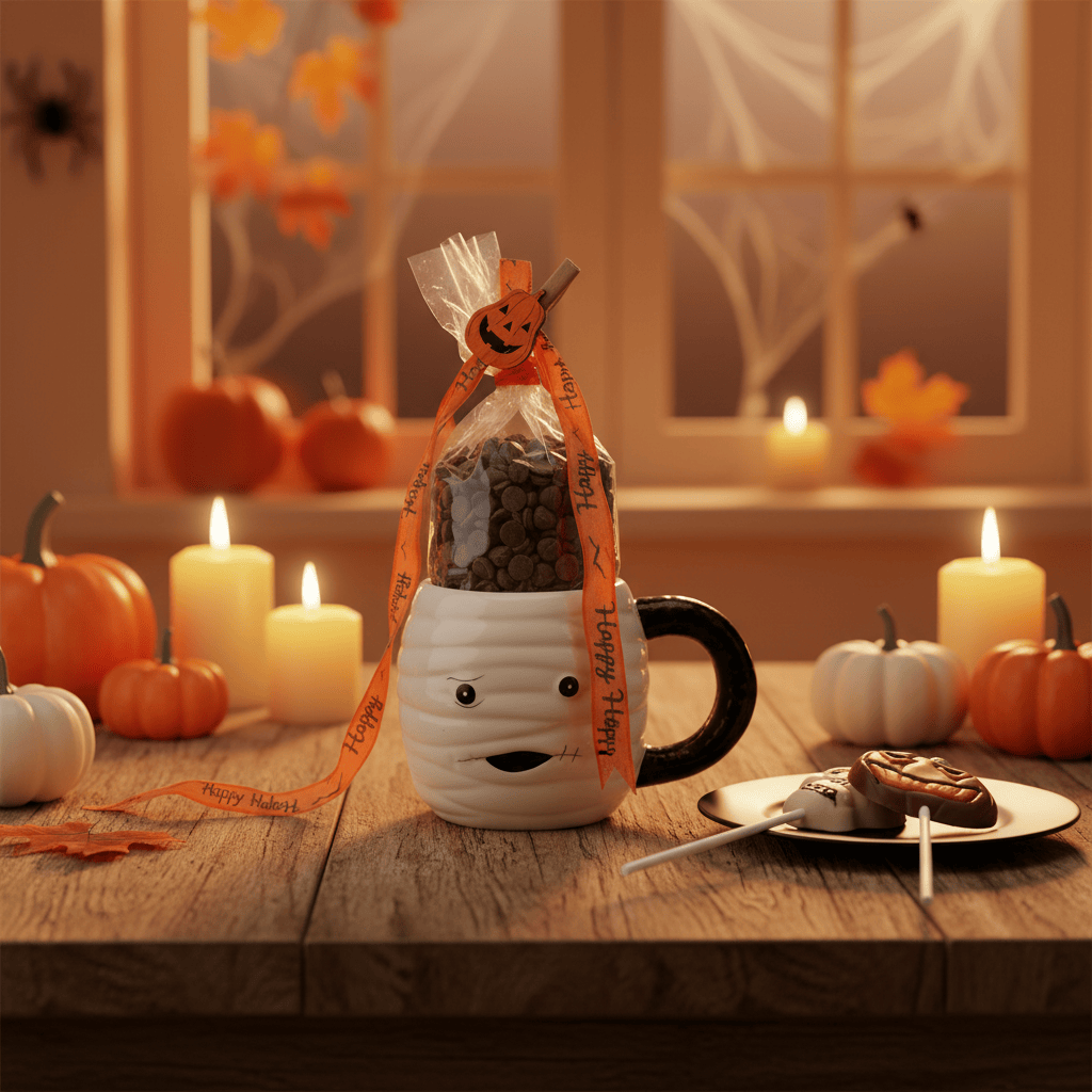 Dark chocolate drops in cup mummy with lollipops 5407008470210 The Belgian Chocolate Makers