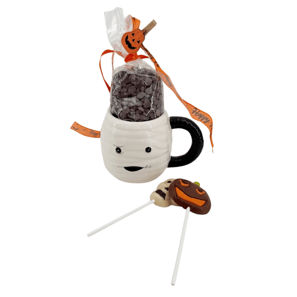 Dark chocolate drops in cup mummy with lollipops 5407008470210 The Belgian Chocolate Makers