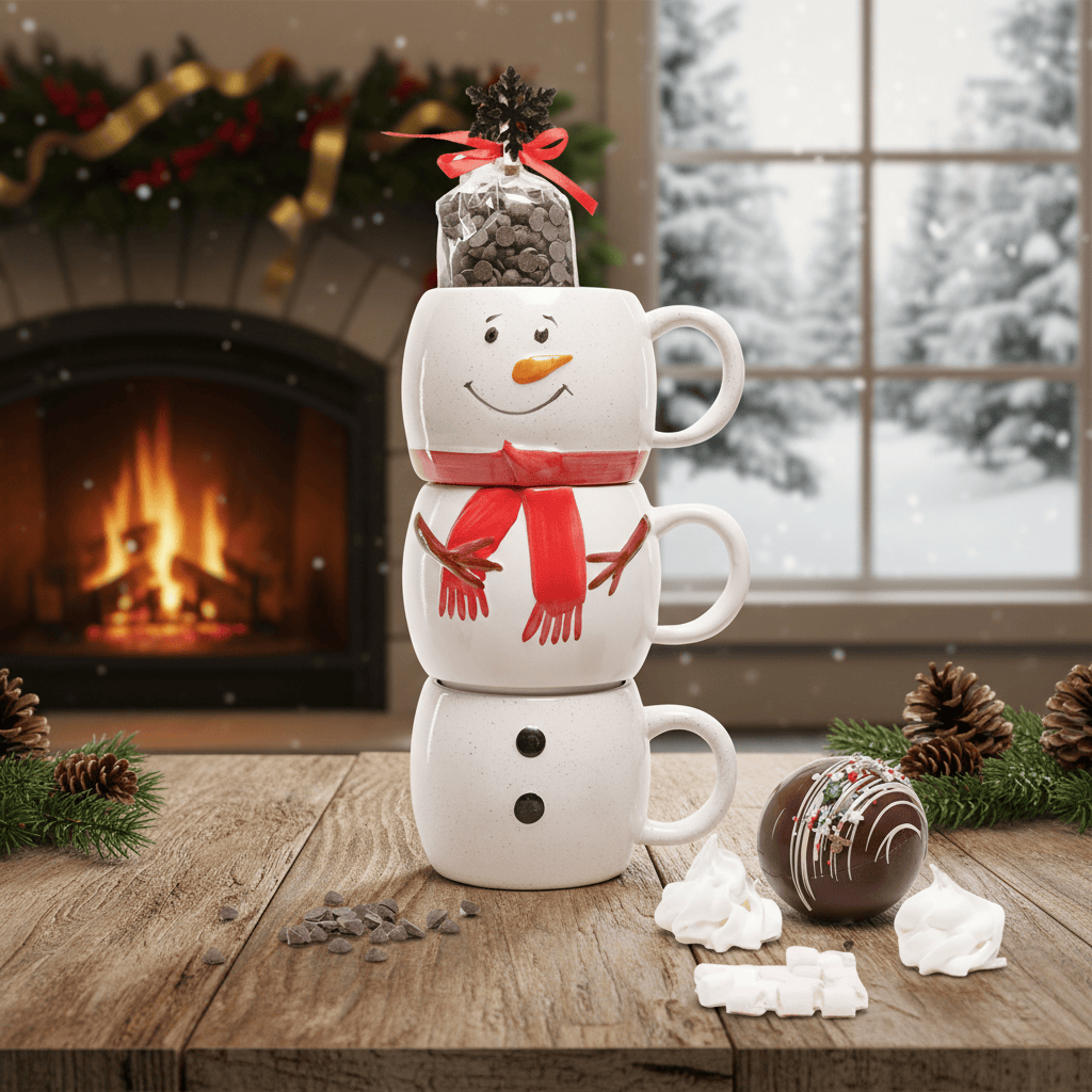 Dark chocolate drops in three snowman mugs 200g 5407008471521 The Belgian Chocolate Makers