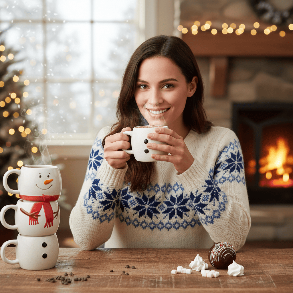 Dark chocolate drops in three snowman mugs 200g 5407008471521 The Belgian Chocolate Makers