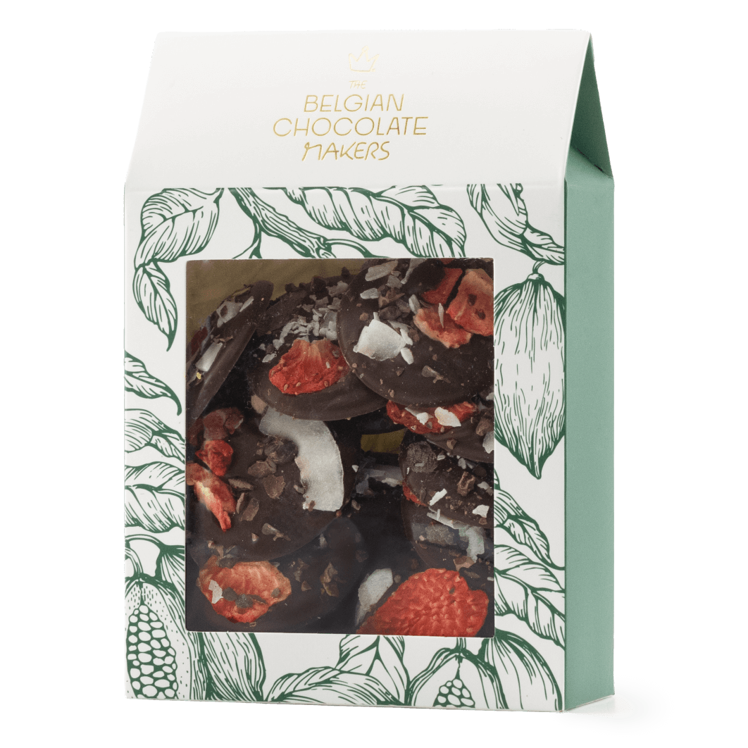 Dark chocolate mendiants with cacao nibs, strawberry and coconut chunks 5407008470296 The Belgian Chocolate Makers