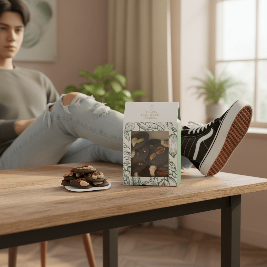 Dark chocolate mendiants with cashew, pistachio, raisin and pecan chunks 5407008470272 The Belgian Chocolate Makers