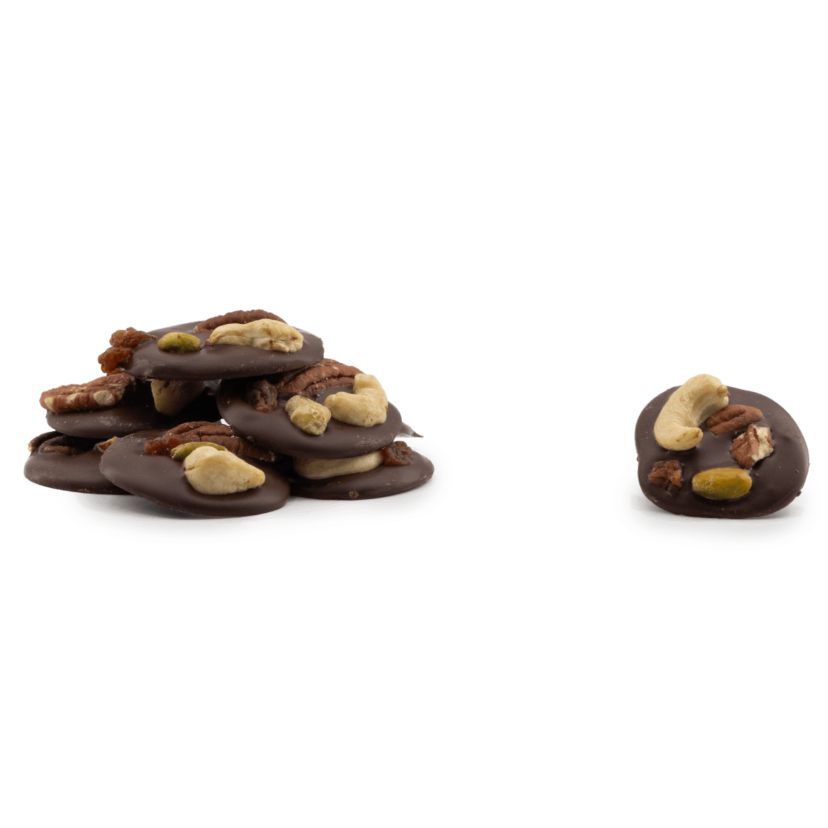 Dark chocolate mendiants with cashew, pistachio, raisin and pecan chunks 5407008470272 The Belgian Chocolate Makers